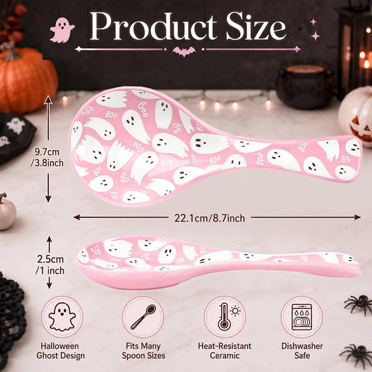 8.7 Inch Halloween Spoon Rest Boo Ghost Large Ceramic Spoon Holder Pink White Cooking Utensils Holder for Trick or Treat Stove Top Kitchen Counter Farmhouse Decor