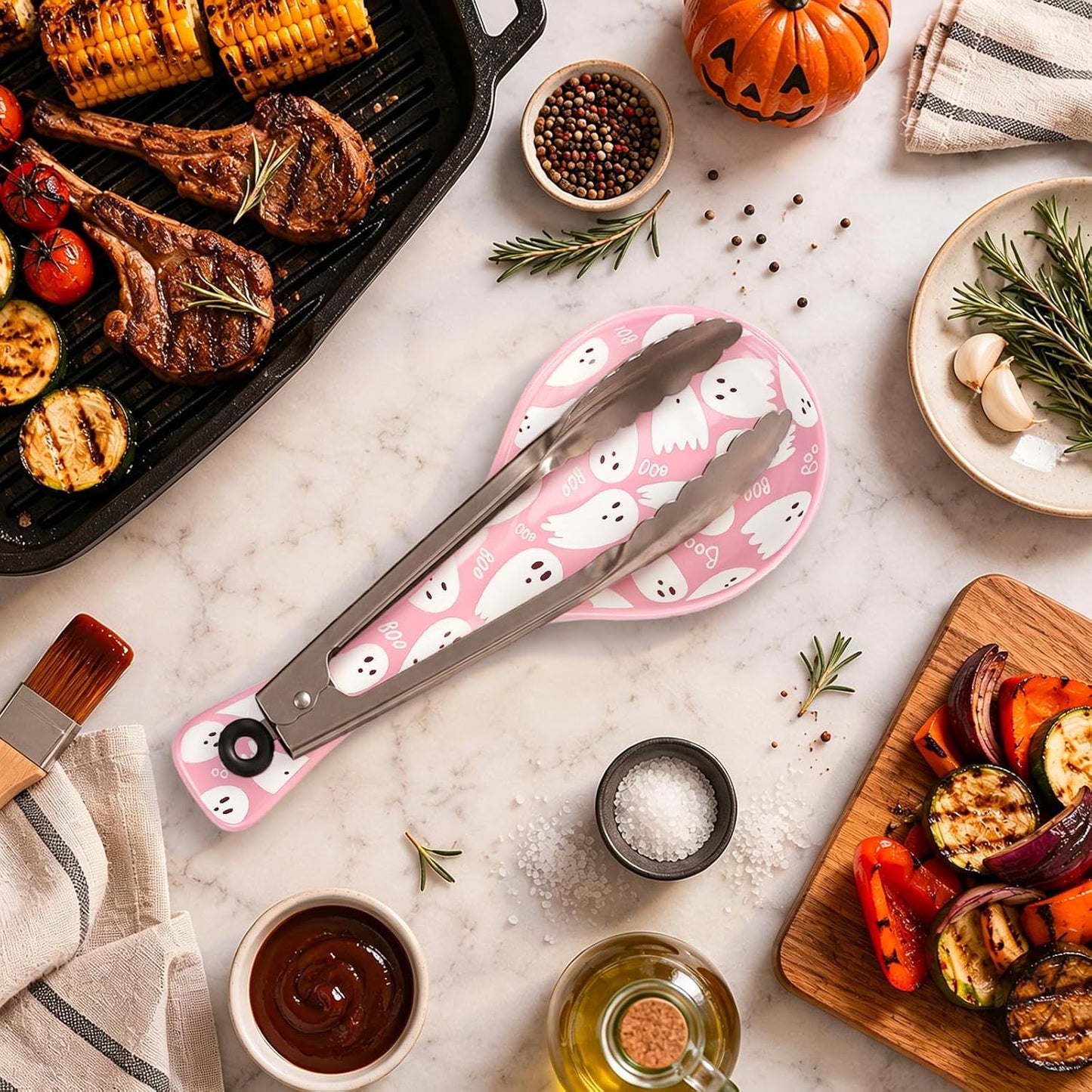 8.7 Inch Halloween Spoon Rest Boo Ghost Large Ceramic Spoon Holder Pink White Cooking Utensils Holder for Trick or Treat Stove Top Kitchen Counter Farmhouse Decor