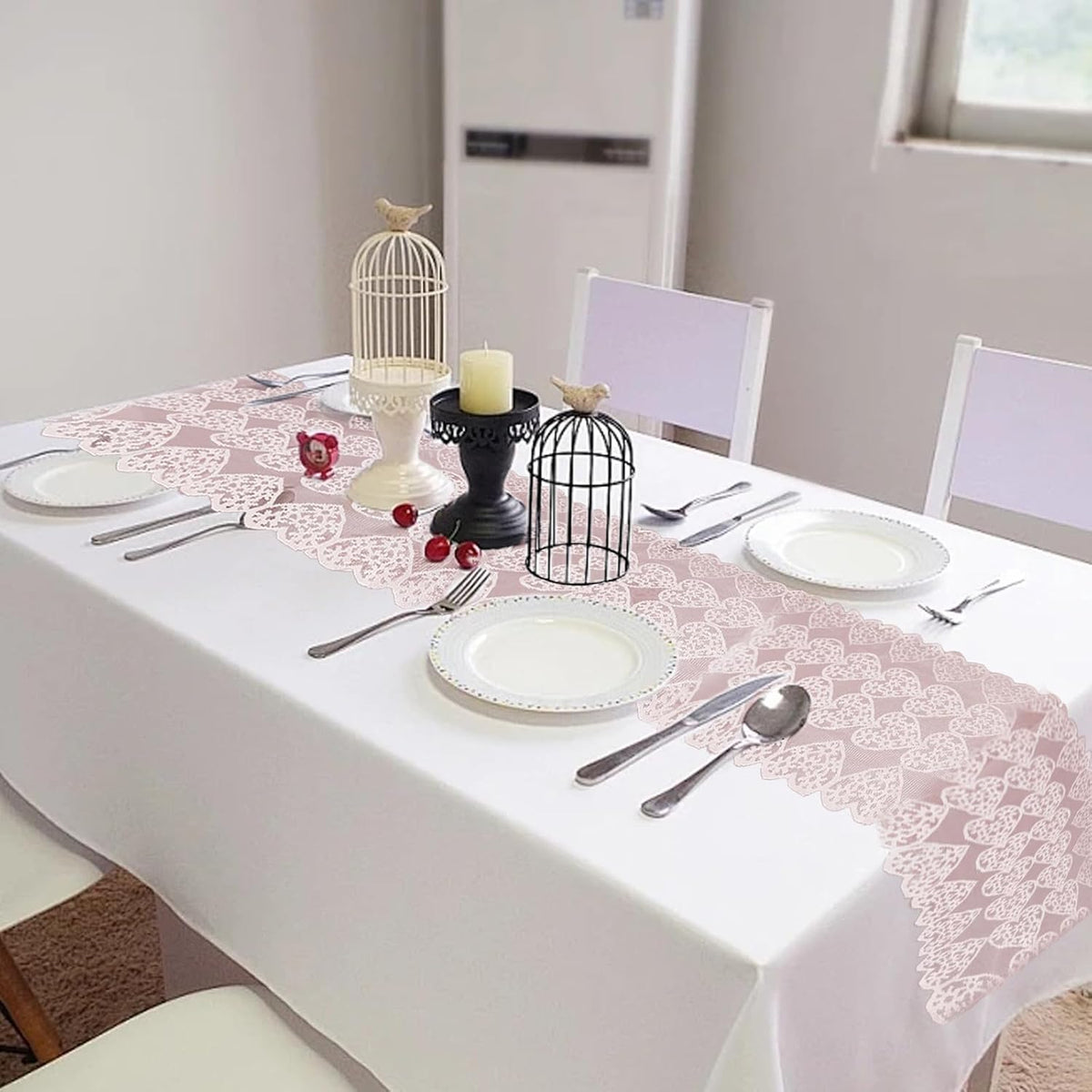 1Pack Pink Heart Lace Table Runner Valentine's Day Romantic Pink Table Runner Heart Shape Cutout Table Runner for Candlelight Dinner Anniversary Wedding Proposal Party Home Decor