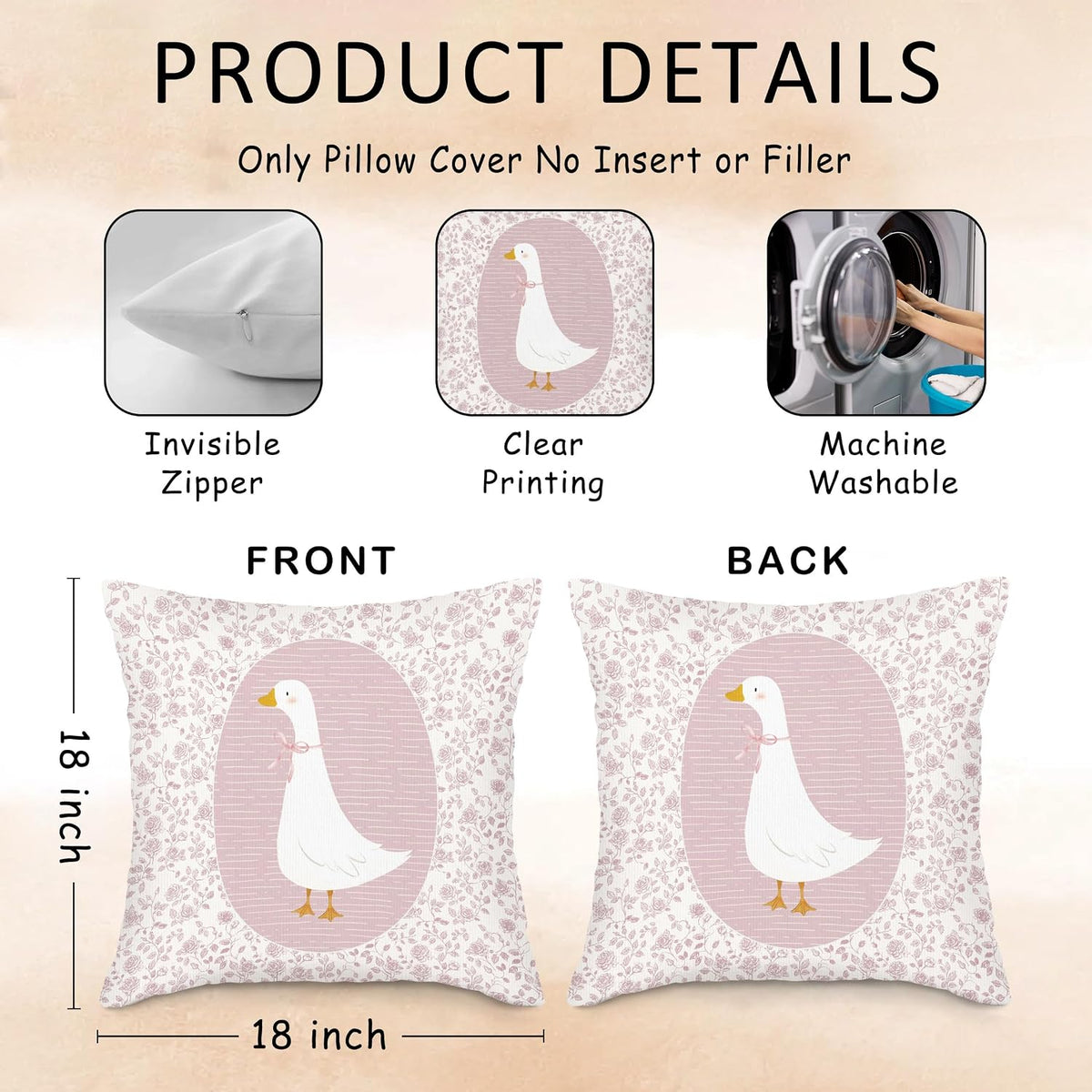 Preppy Pink Goose Throw Pillow Covers, Coquette Gooses Pillow Case Cover for Bed Sofa, Goose Nursery Decor, Pink Bow Floral Gooses Cushion Cover Case for Girls Room Bedroom, 18x18 Inch