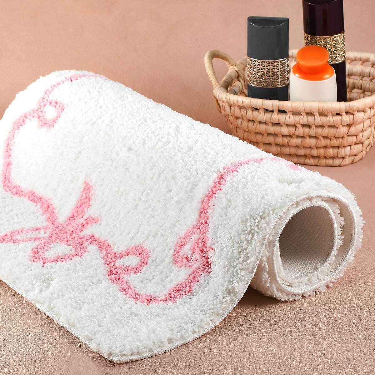 Pink Bow Bathroom Rugs 32 x 20 Inch White and Pink Bow Bath Mat Cute Coquette Aesthetic Non Slip Absorbent Carpet Microfiber Absorbent Mat for Bathtub Shower Bedroom Decor Gift