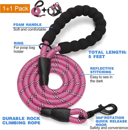 No Pull Dog Harness Adjustable Reflective Oxford Easy Control Medium Large Dog Harness with A Free Heavy Duty 5ft Dog Leash, Pink, XL