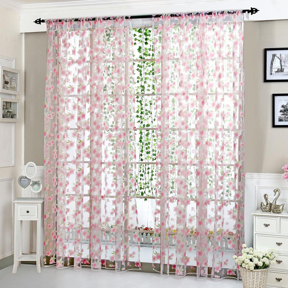 Peach Blossom Flower Print Voile Curtain Transparent Tulle Curtains Semi Sheer Window Curtains Window Screening Treatments Drape Valance Panel No Grommet 39 X78 Inch Living Room Bedroom (Pink)