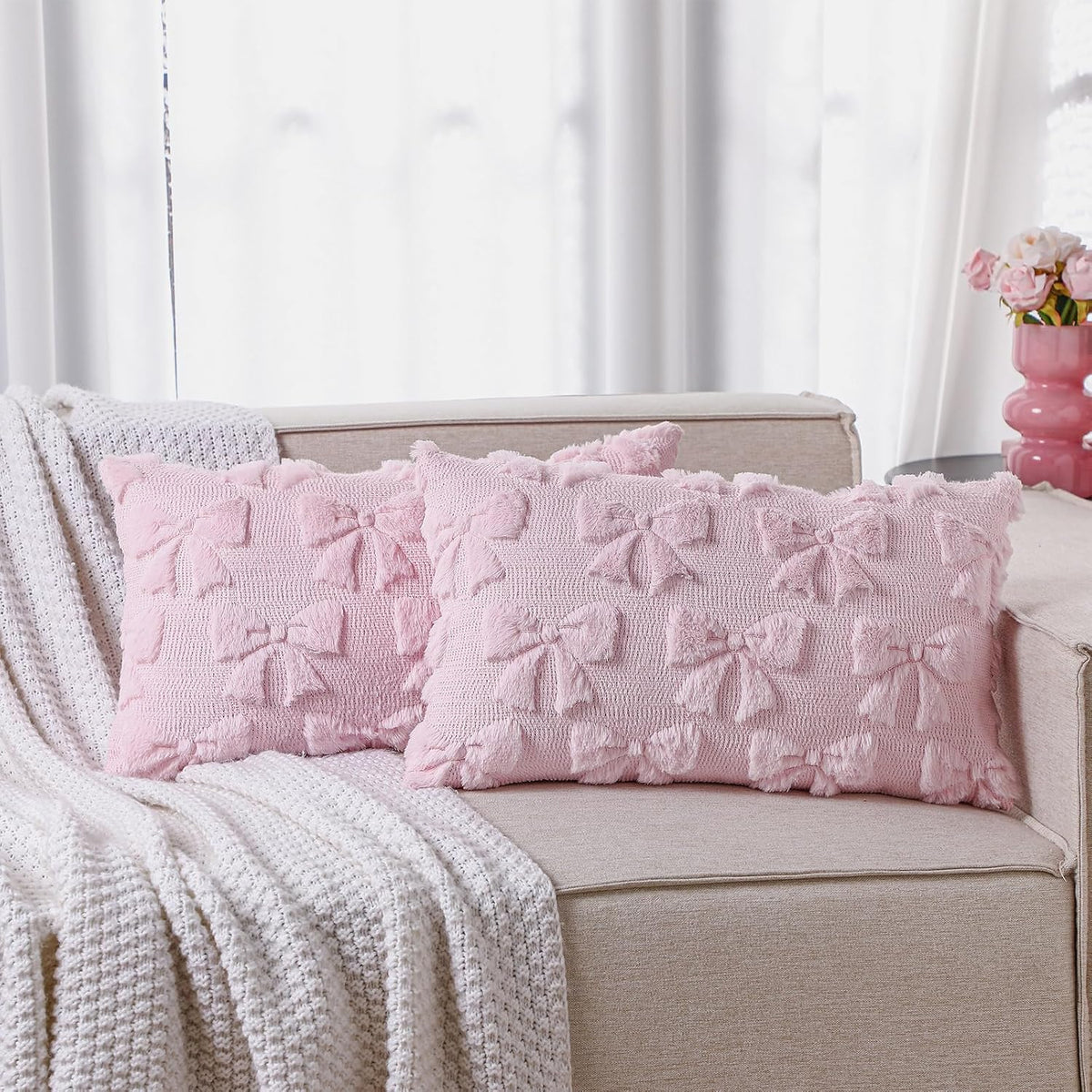 Bow Pillow Covers Set of 2 Preppy Room Decor, 12"x20", Pink