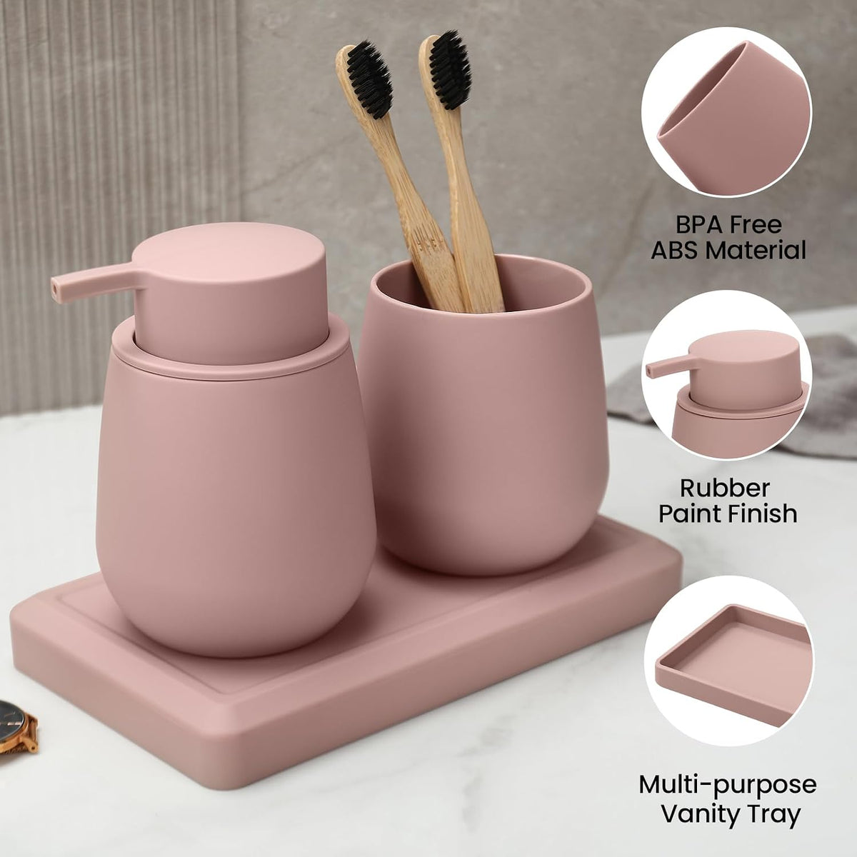 Bathroom Accessories Set, Modern 3 Pcs Bathroom Essentials - Soap Dispenser, Toothbrush Holder & Tray, Countertop Vanity Organizer (Pink)