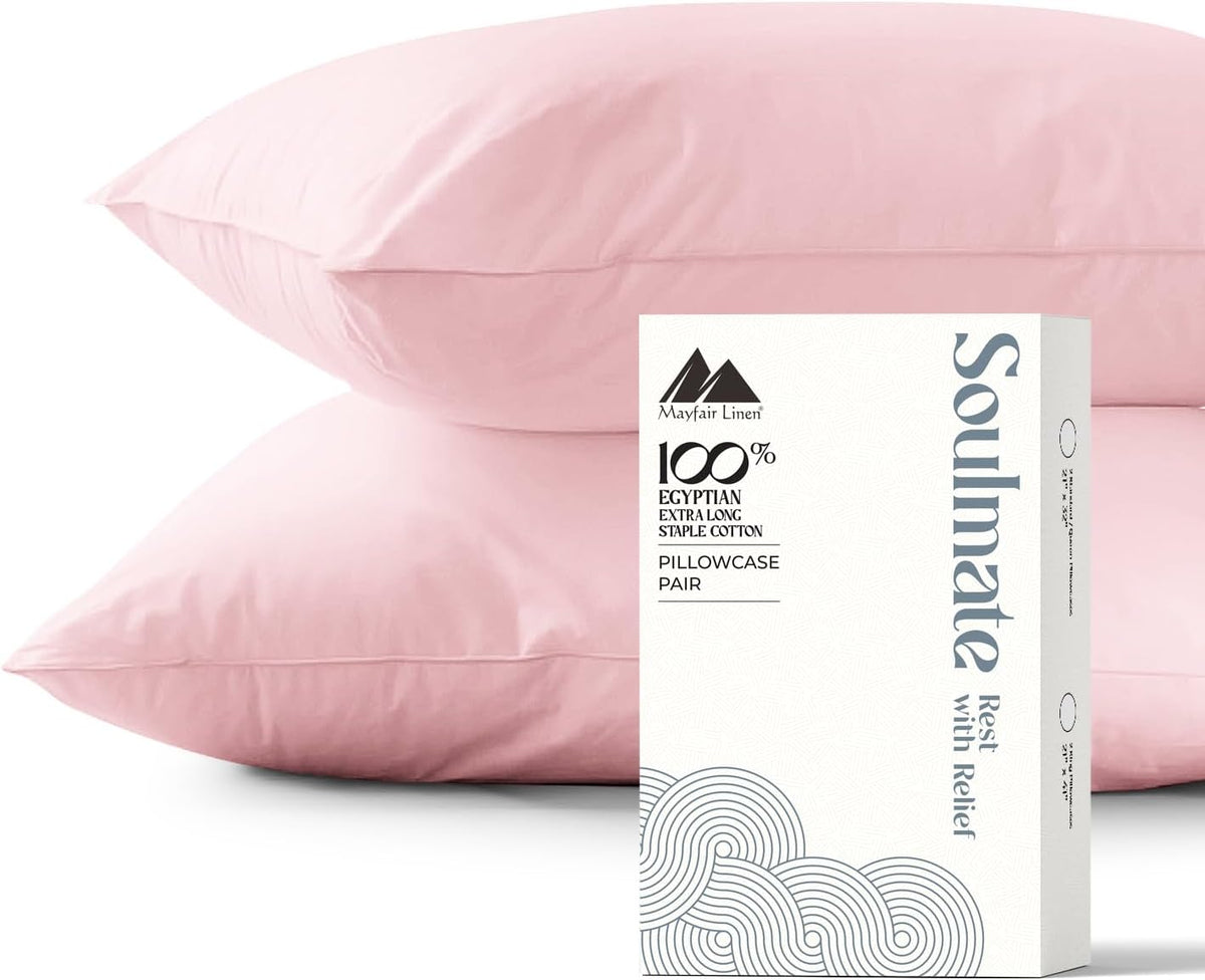 100% Egyptian Cotton Pillow Cases Queen Size Set of 2 - Luxury 500 Series Soulmate Collection Cotton Pillowcases (Blush), Silky Soft, Cooling & Breathable Standard Size Pillow Case