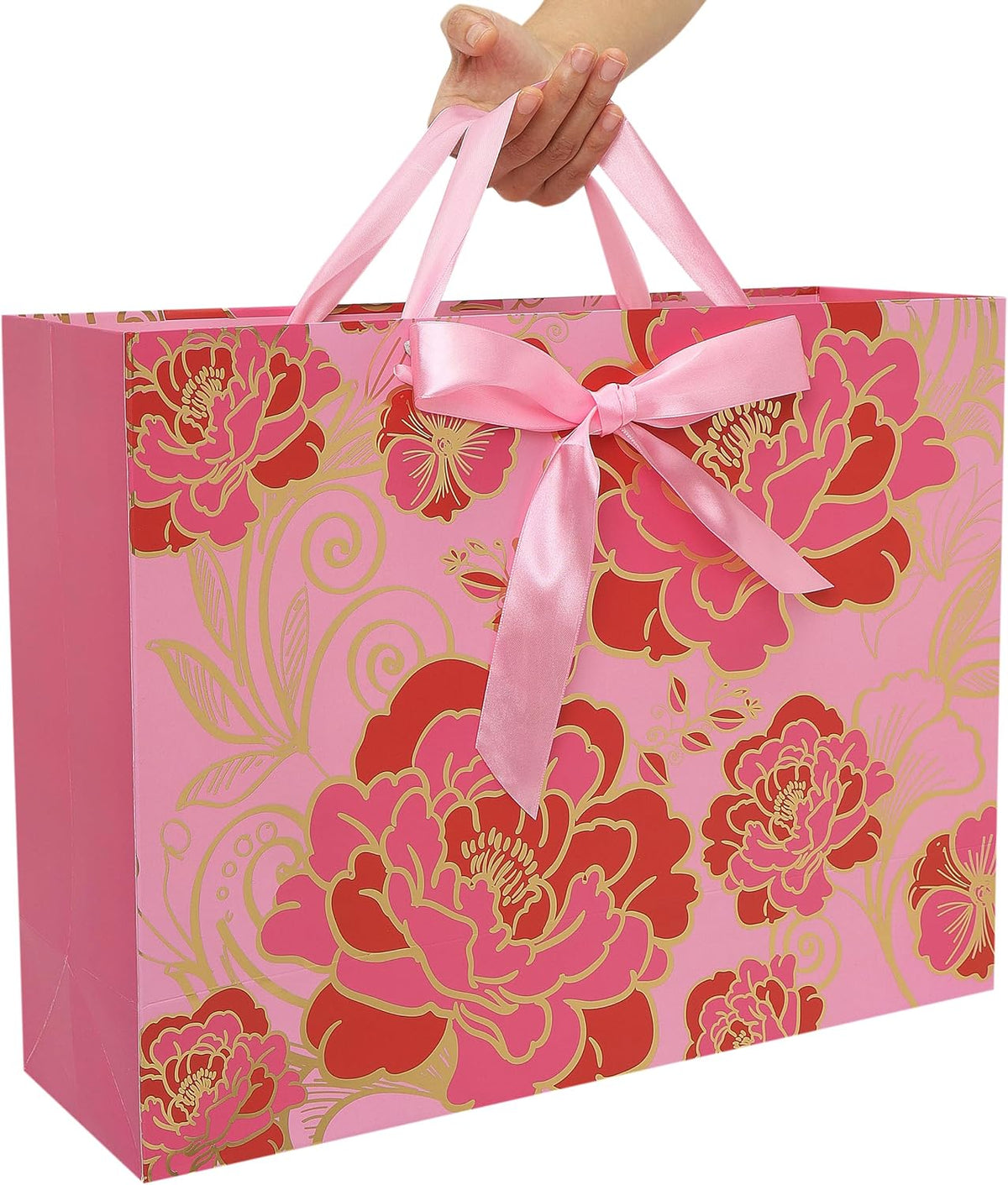 16.5" Extra Large Rose Pink Gift Bag Set with Greeting Card and Tissue Paper(Foil Traced Flowers) for Celebrating Birthdays, Mother's Day, Valentine's Day, Weddings, Anniversary - 16.5”x5.5”x12.6”, 1 Pcs.