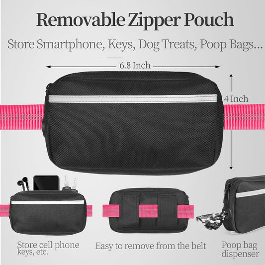 Hands Free Dog Leash with Zipper Pouch, Dual Padded Handles and Durable Bungee for Walking, Jogging and Running Your Dog (Medium, 8-25 lbs, Pink)