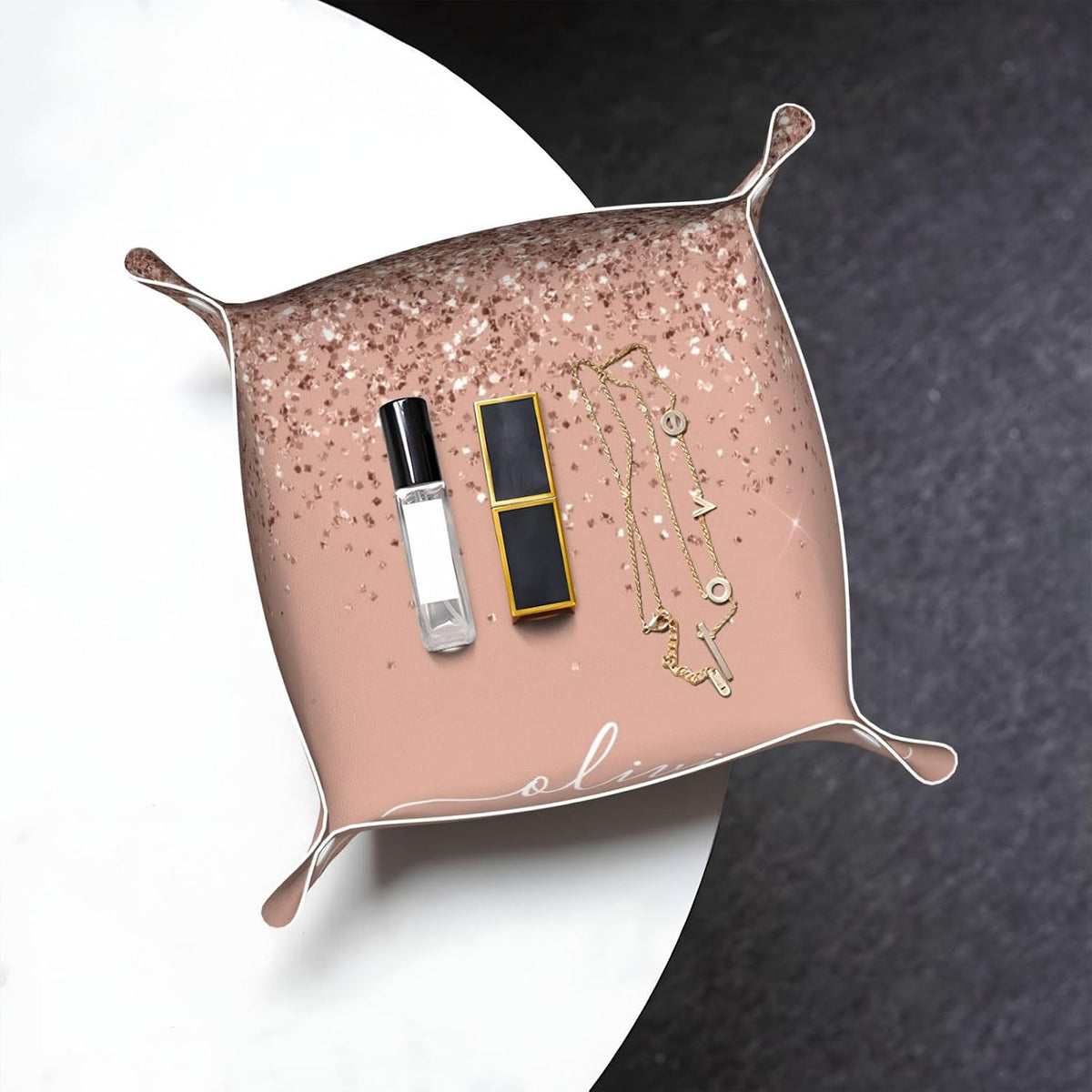 Blush Pink Rose Gold Glitter Leather Vanity Tray Desktop Storage Organizer, Decorative Catchall Perfume Tray, Bathroom Valet Tray,Nightstand Caddy Holder for Keys Phone Wallet Coin Jewelry, S