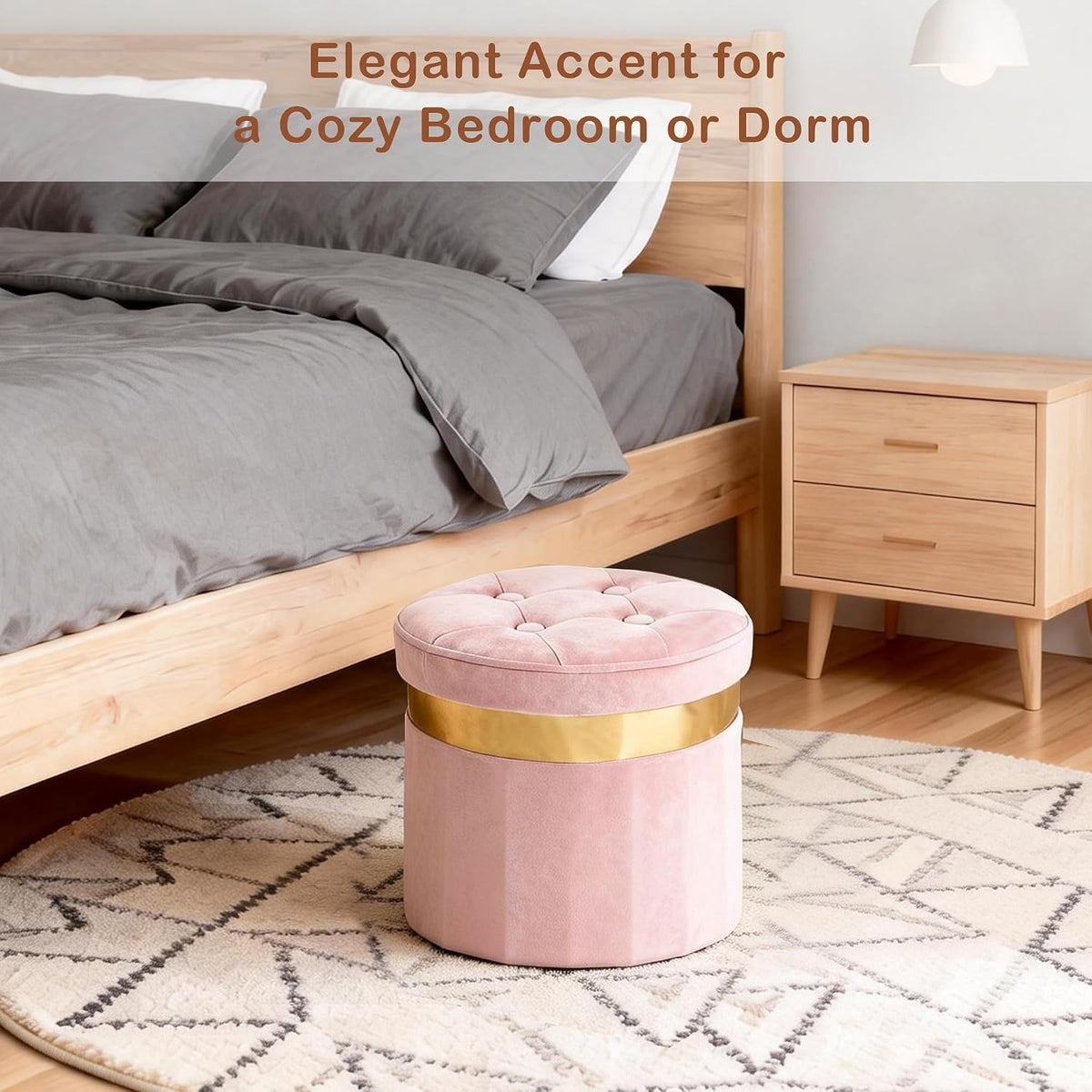 Small Ottoman with Storage,Folding Round Ottoman with Gold Trim,Velvet Storage Stool,Foot Stool with Soft Padded,Foot Rest for Living Room13“x13”x12.4(Pink,1pcs)