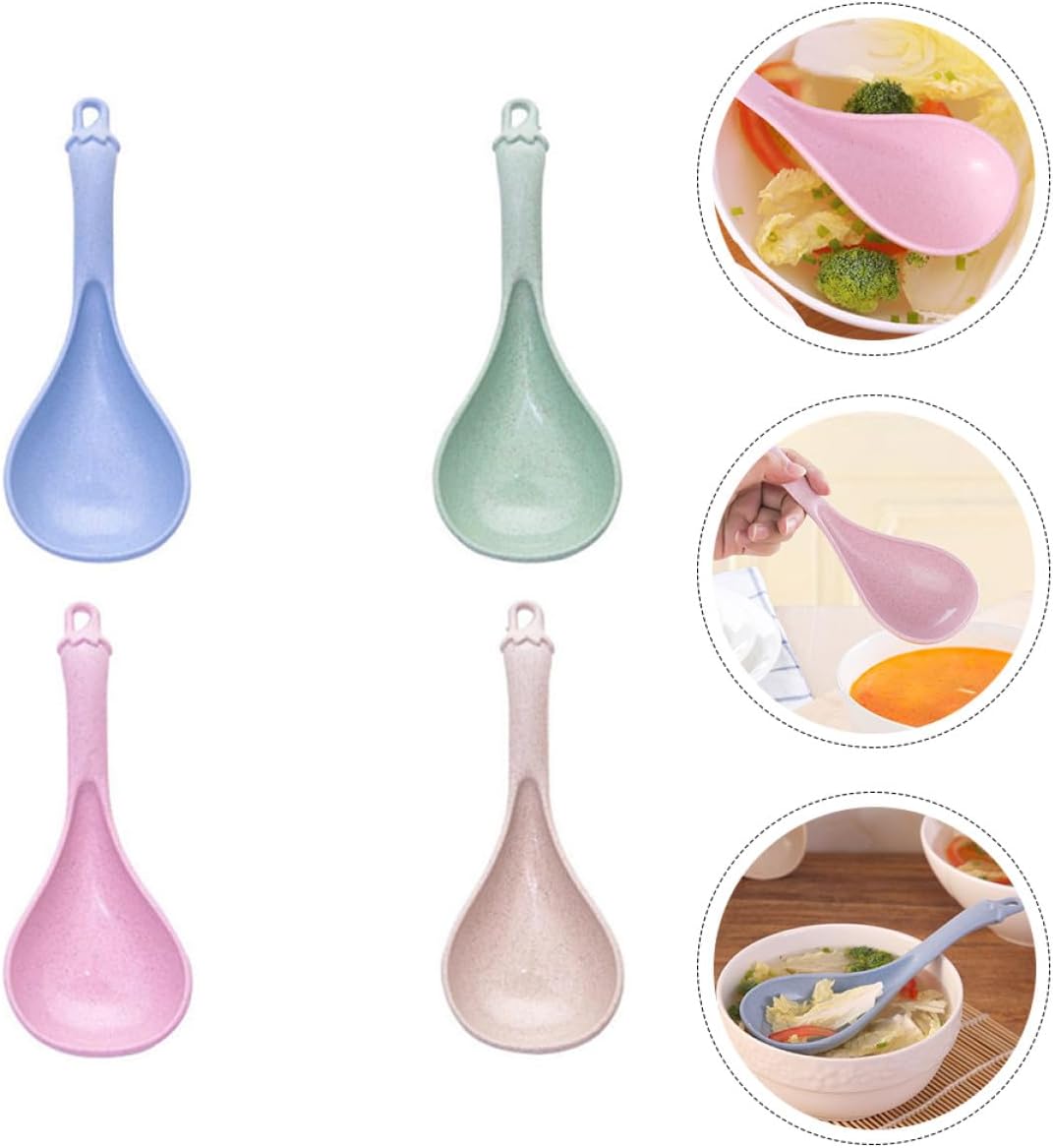 4 Pack Long Handle Soup Spoons Wheat Straw PP for Porridge