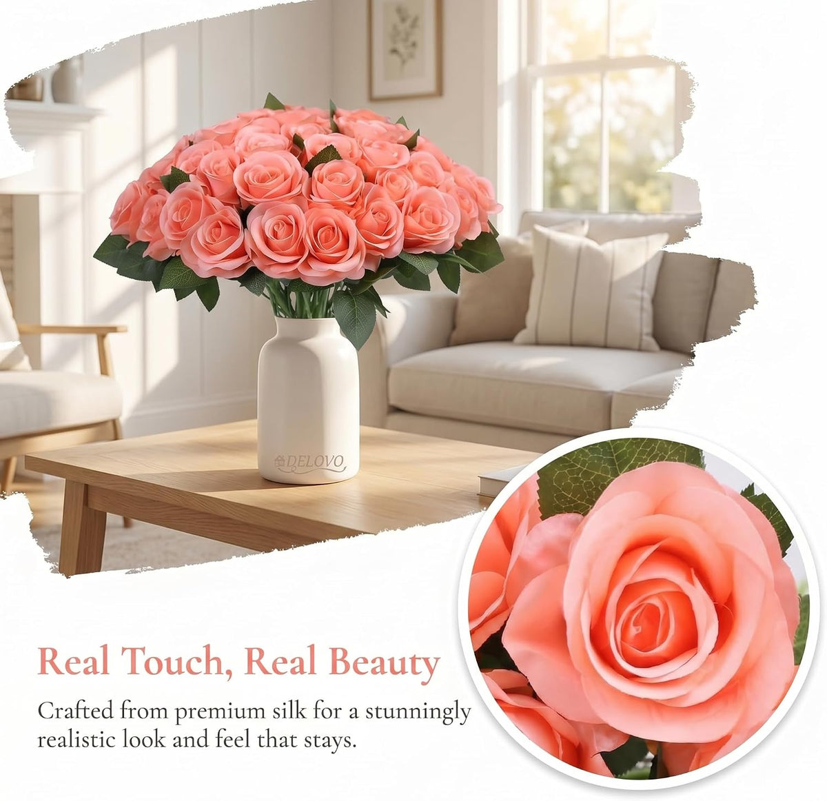 52pcs Coral Peach Roses Artificial Flowers Fake Flowers Silk Roses with Stems for DIY Wedding Bouquets Bridal Shower Centerpieces Arrangements Party Decorations