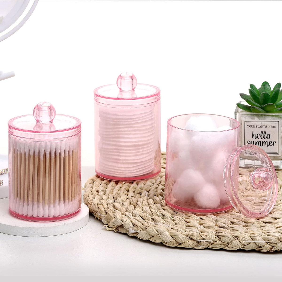 3 Pack Cotton Swab Ball Pad Holder, 10 Oz Qtip Apothecary Jar Pink Makeup Organizer, Bathroom Containers Dispenser