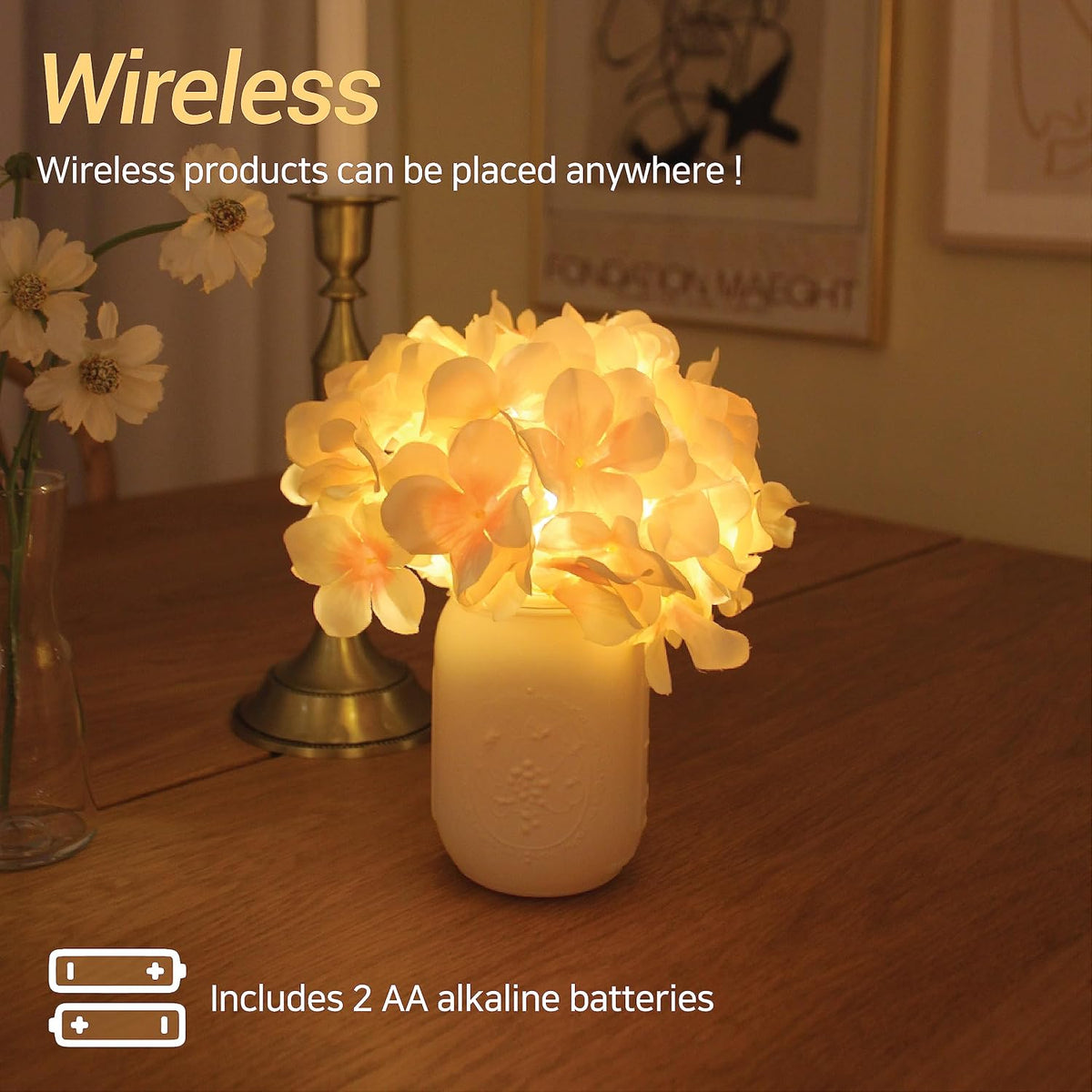 Hydrangea Mood Lamp, Cozy Aesthetic Flower Night Light for Bedroom & Desk, Calming Cordless LED Table Lamp, Battery Operated Floral Decor, Gift for Her, Pink
