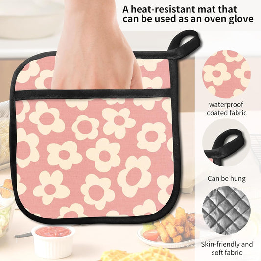 2 Pack Pot Holders for Kitchen Clearance, Cute Hot Pads, Funny Oven Pot Holders, Potholders Sets for Kitchen Heat Resistant Pink Cute Flowers