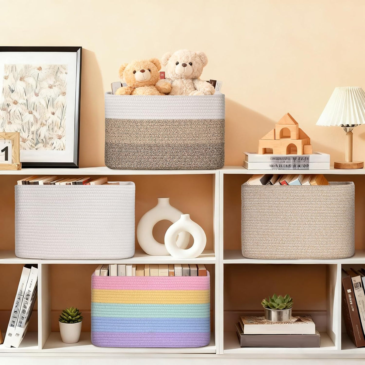 Baskets for Organizing,Storage Baskets,3 Pack Baskets for Shelfves,15"×10"×9" Woven Pink Basket,toy storage bins,bins for organization