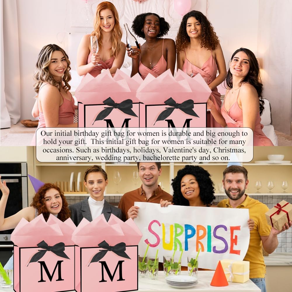 Personalized 13" Pink Initial M Gift Bags for Girls Women