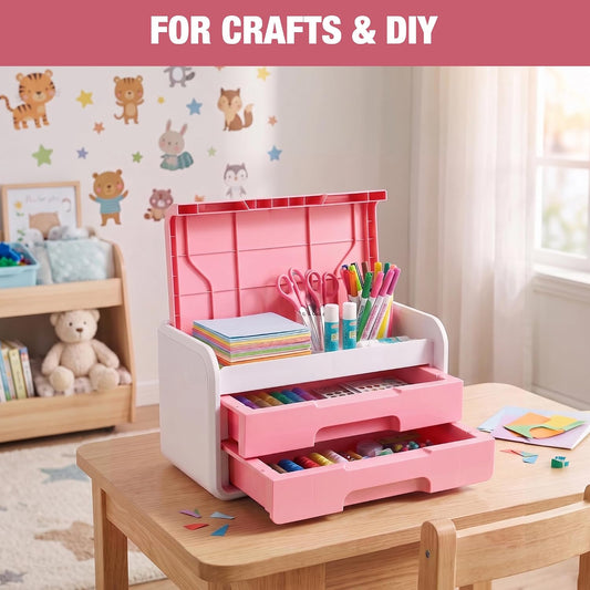 Small Storage Box with 2 Drawers, Flip-Top Lid, Durable ABS Storage Case with PP Feet Pads, Lightweight Storage Box for Arts and Crafts, Beads, Sewing, Markers, Coloring Books and DIY Supplies
