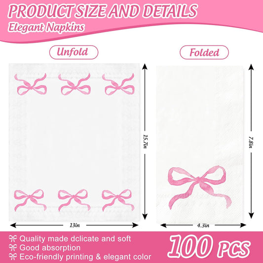 FYSUIMU 100Pcs Pink Bow Paper Guest Napkins Watercolor Bowknot Bathroom Napkin Disposable Hand Towel Napkin for Home Party Supplies