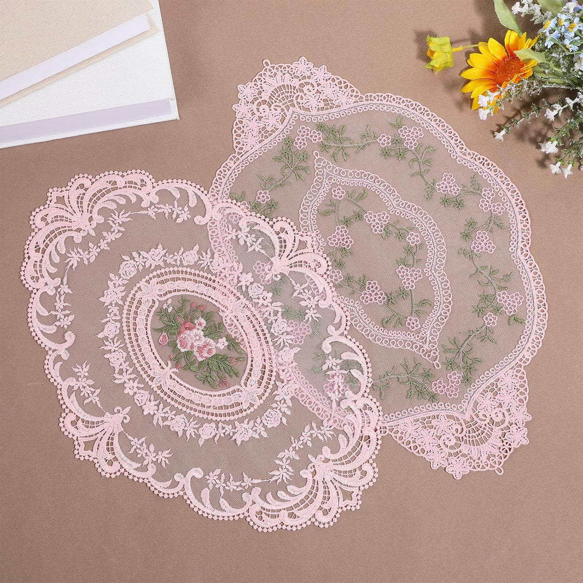 10 Pcs Pink Retro Lace Placemats French Style Retro Placemats Oval Embroidered Table Place Mats Pink Oval Place Mats Cup Mat, French Crochet Doilies for Wedding Home Decor, 12'' x 16''