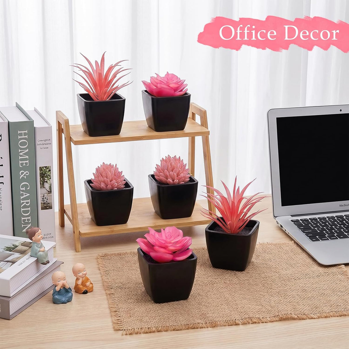 6 Pcs Small Pink Artificial Succulent Plants in Black Plastic Pots