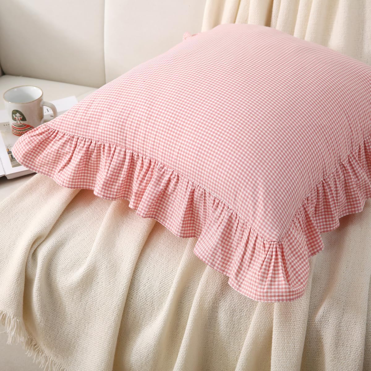 Pink/White Gingham Plaid Ruffle Throw Pillow Covers 18"x18"