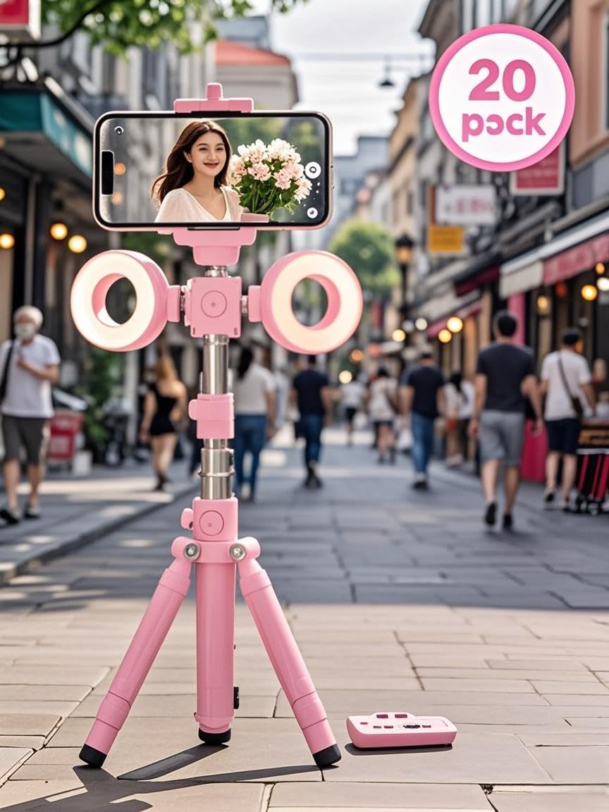 Selfie Stick Tripod with Light and Bluetooth Remote, 67" Extendable Mini Tripod Stand for iPhone Samsung Android, 6 in 1 Wireless Selfie Stick for TikTok YouTube Live Streaming(Pink)