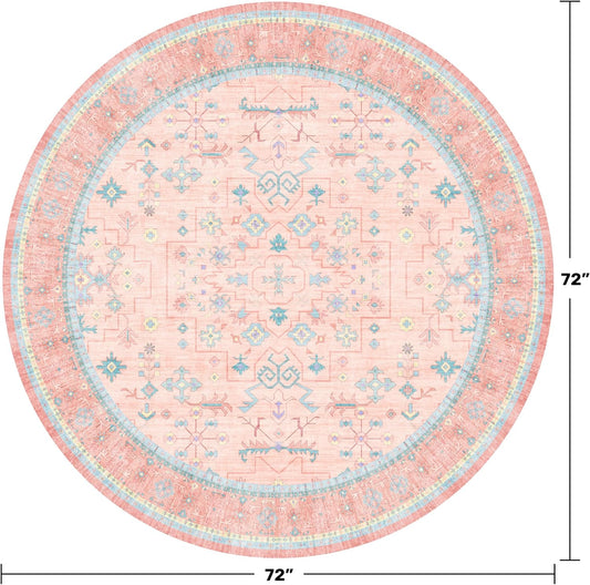 Pink 6ft Round Rug for Bedroom Girls Soft Non Slip - Washable Circle Rug for Nursery, Living Room, Dining Room, Home Office, Low Pile Pink Indoor Aesthetic Décor
