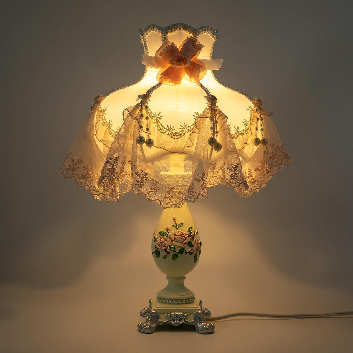 Princess Style Table Lamp, Victorian Lace Fancy Table Lamp, Pink Bedside Lamp with Fabric Shade & Floral Resin Base for Bedroom, E26 Socket No Bulb Included