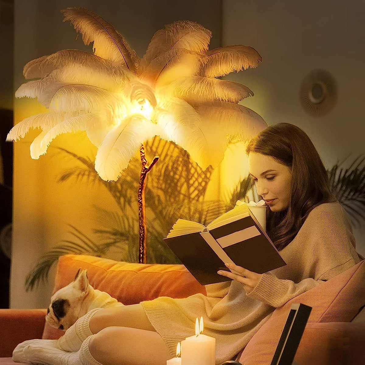 Ostrich Feather lamp,Resin Feather lamp with Natural Ostrich Feathers (Contains Light Sources) Have Footswitch Dimmable Desk Lamp (60x60cm(23×23inch),Pink)