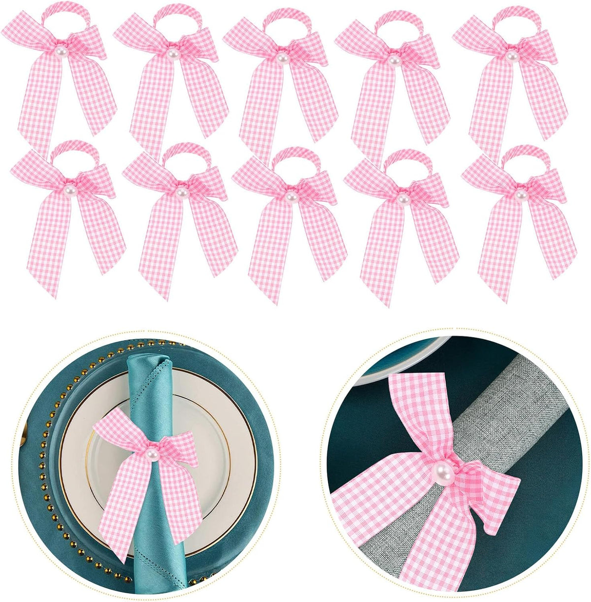 Pink Bow Napkin Rings 12pcs Checkered Table Decor Reusable