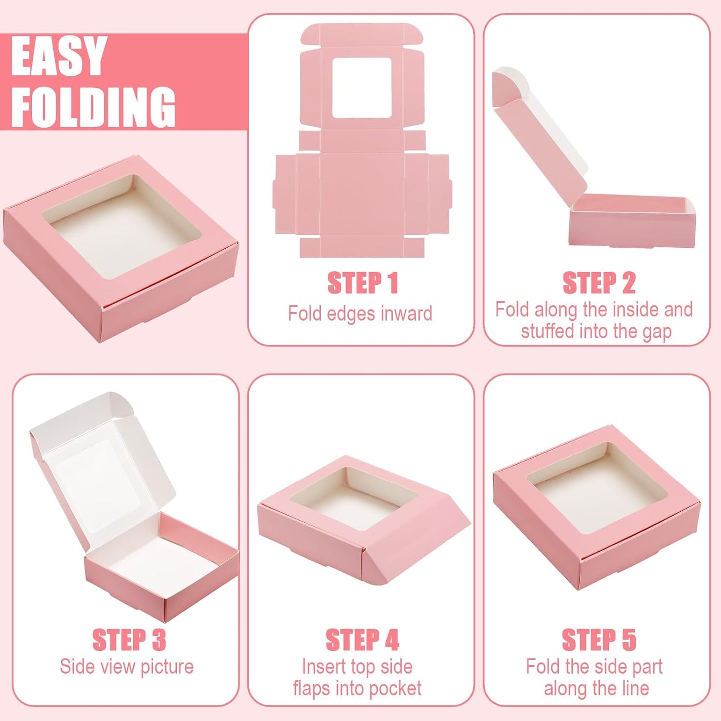 30 Pcs Kraft Paper Boxes with Window 4.13 x 4.13 x 1.18 Inch Candy Packaging, Small Gift Boxes, Soap holder, Mini Treat Packaging for Bakery Chocolate Jewelry Display (Pink)