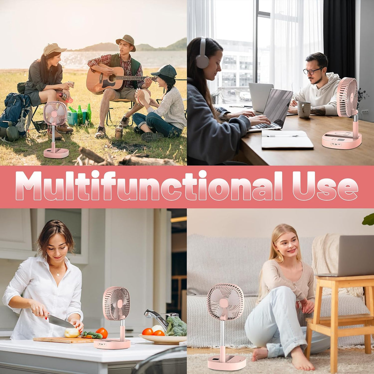 Portable Oscillating Pedestal Fan with Romote, 4 Speed 120° Telescopic Rotation Foldable Standing Collapsible Fans, 7200Mah Rechargeable, Quiet Timer DeskFan for Travel Camping Home, Pink