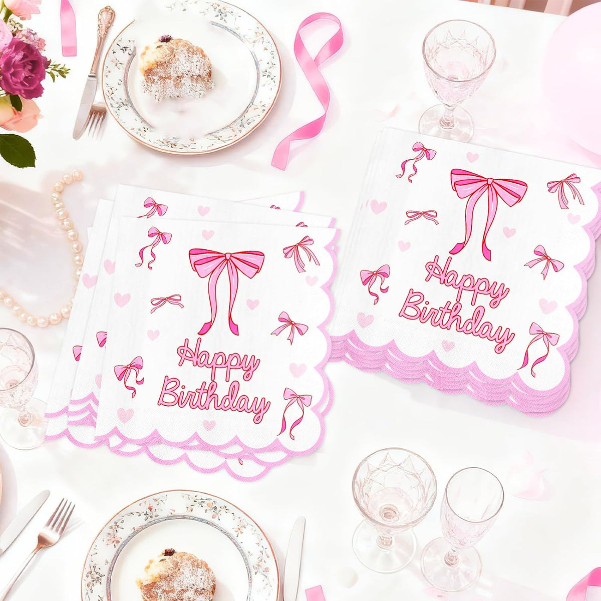 Pink Bow Napkins Party Decorations 50 pcs, 6.5'', 2-ply