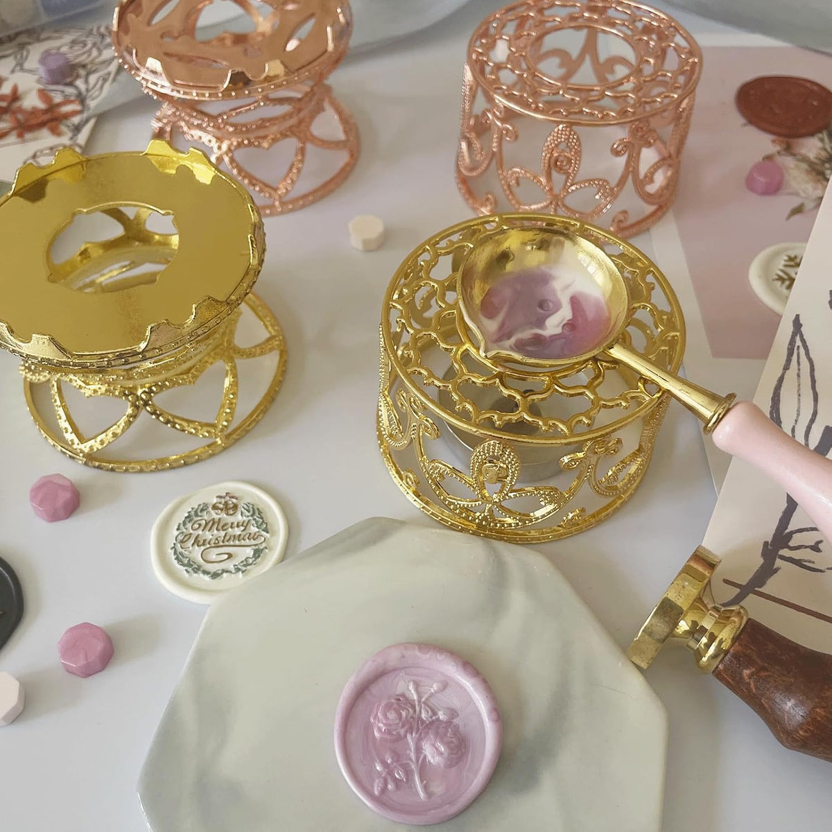 Metal Wax Seal Warmer Kit with Spoon and Stirring Stick, for Wedding Wax Envelope Seal Stamp (Rose Gold Bird's Nest Stove)
