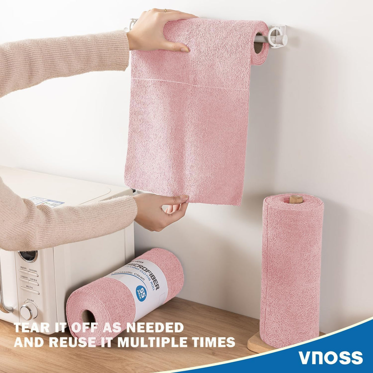 55 Pack Microfiber Cleaning Cloth Roll, Tear Away Reusable Towels, 11" X 9", Ultra Absorbent & Lint Free Cloth for Cars, Kitchen, Window, Home and Shop, Pink