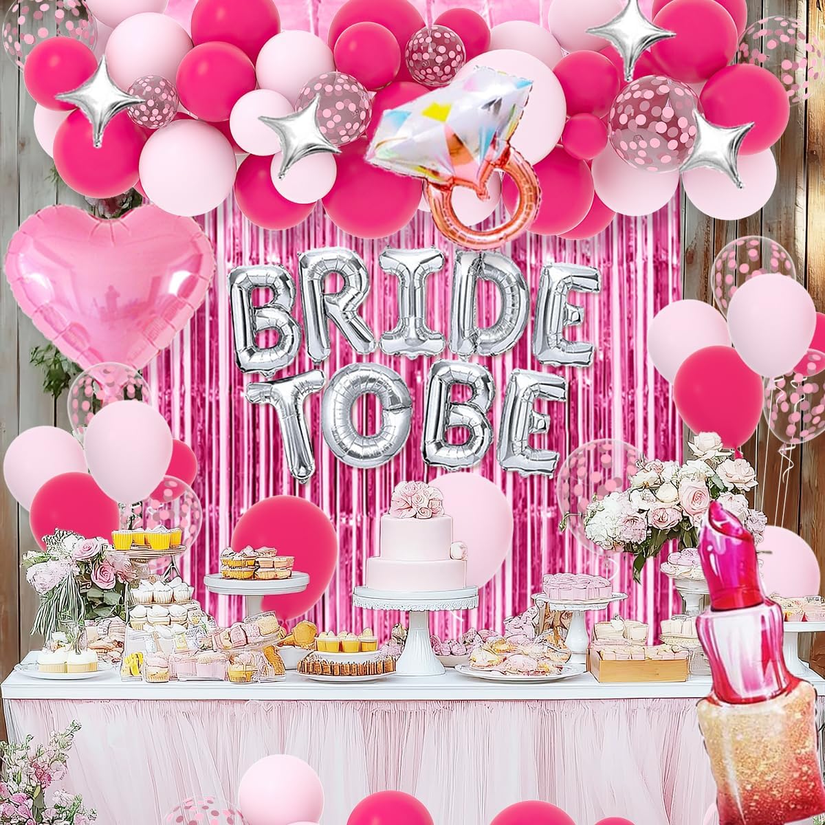 Classy Pink Bachelorette Party Decorations - Rose Red Hot Pink Balloons Bride To Be Balloons Fringe Curtain for Girls Last Rodeo Bridal Shower Bride To Be Bachelorette Decorations Naughty