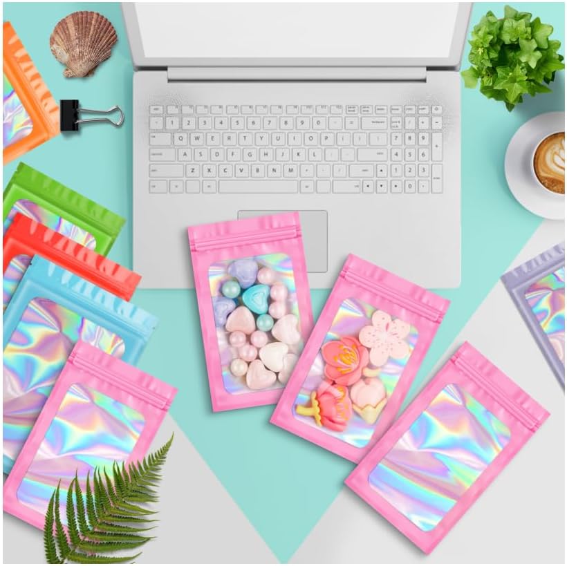 100 pcs Pink Smell Proof Mylar Holographic Bags Packaging Bags,2.4x3.9Inch Clear Resealable Odor Proof Bag Foil Pouch Bag for Food Storage,Lipgloss,Jewelry,Eyelash Packaging Small Business