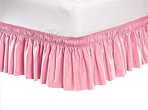 Pleated Three Sides Fabrics Wrap Around Style Egyptian Cotton Elastic 17 inch Drop Dust Bed Skirt for Twin/Full,Queen,King Size Beds(Queen, Pink)