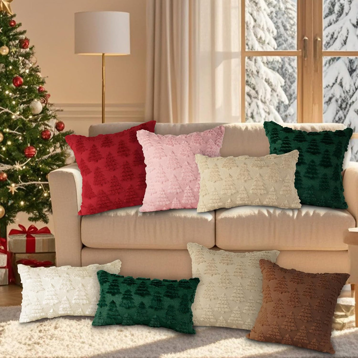 Christmas 18x18 Throw Pillow Covers Set of 2, Winter Christmas Tree Throw Pillow Cases Soft Plush Faux Fur Wool 18 x 18 Winter Cushion Cover for Indoor Home Bedroom Couch Sofa Decor (Pink)