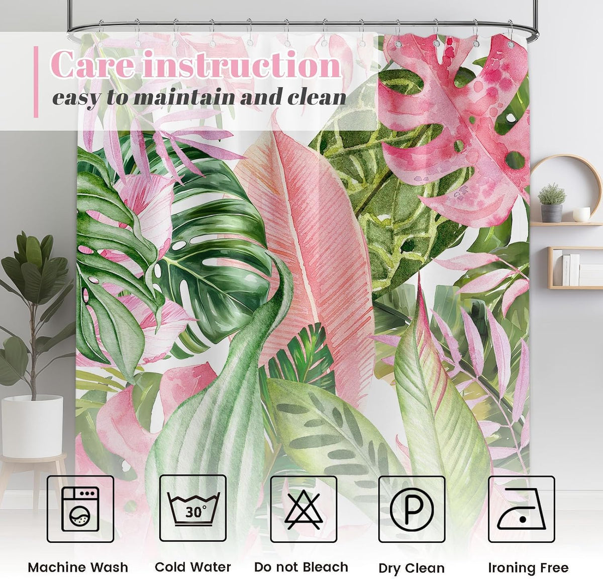 Pink and Green Shower Curtain, 72x72 in, Monstera Palm Tree Leaf