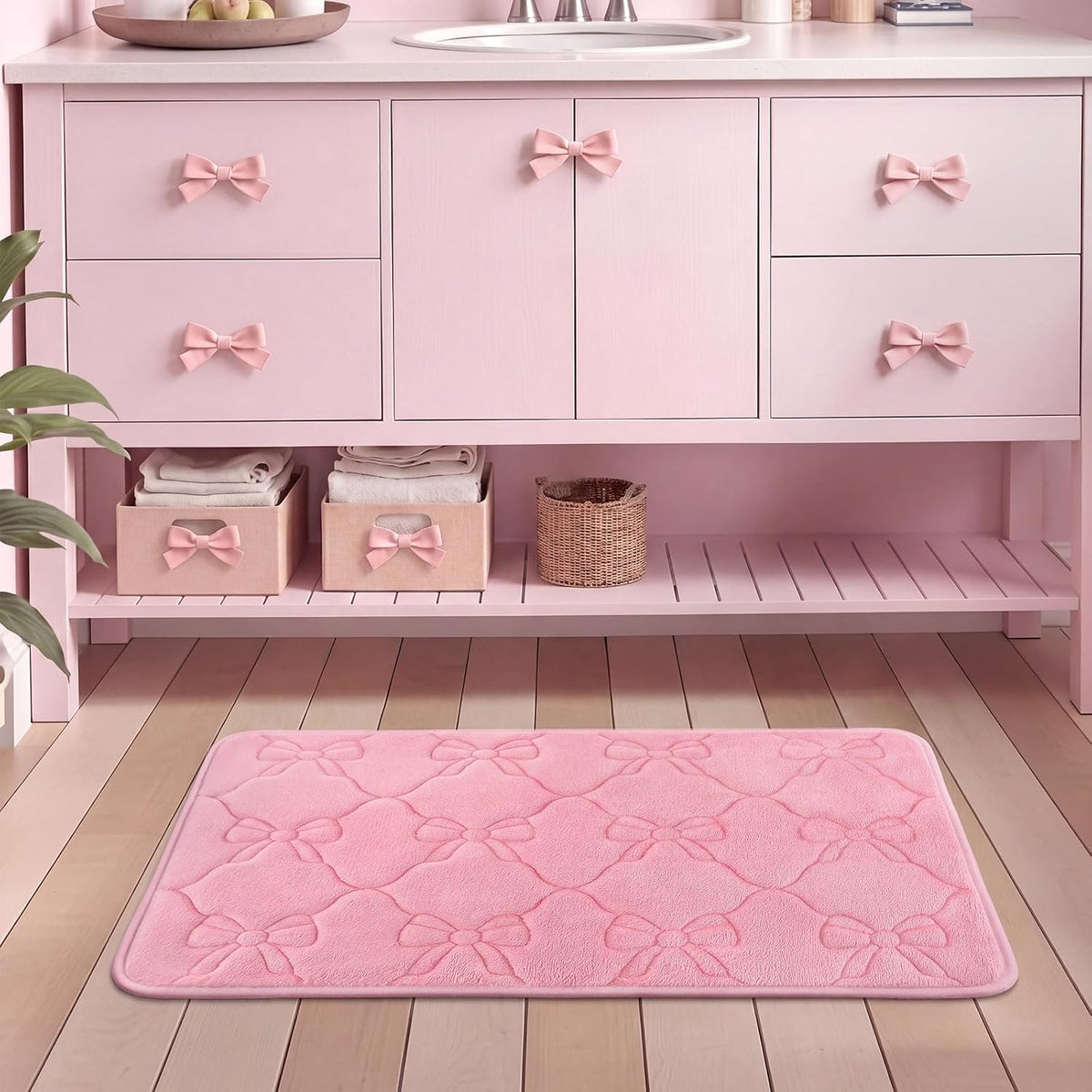 Pink Bow Pink Memory Foam Bath Mat 24''x16'' Bow Bathroom Rug Cute Coquette Bathroom Decor Soft Absorbent Non Slip Aesthetic Bath Carpet for Bathtub Shower Floor Bedroom Living Room