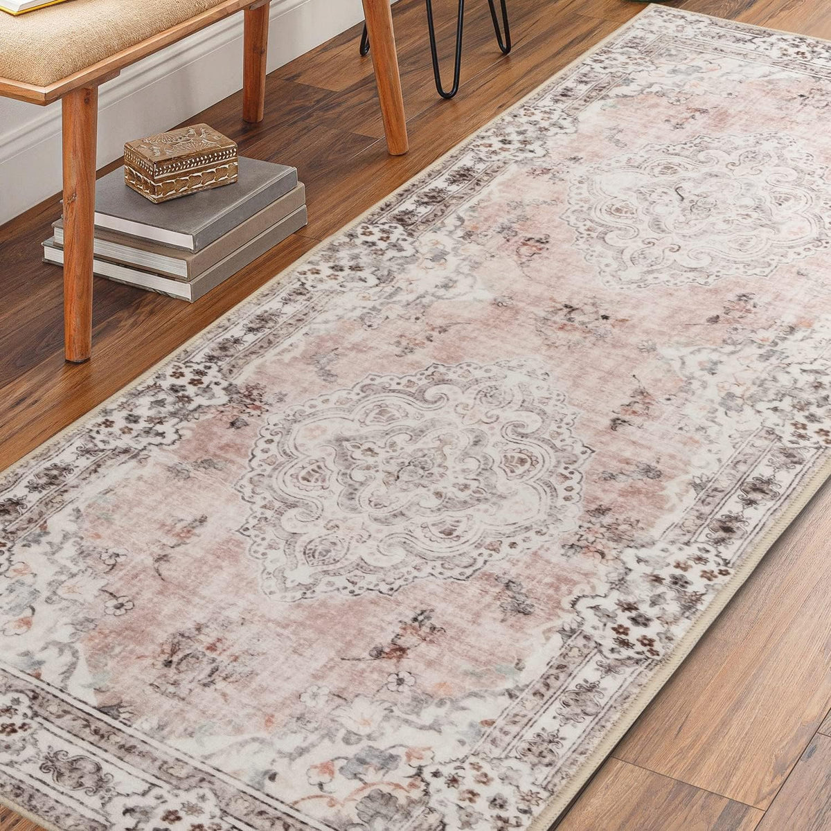 Pink Runner Rug Washable 2x6 Area Rugs Non Slip Low-Pile Flowers