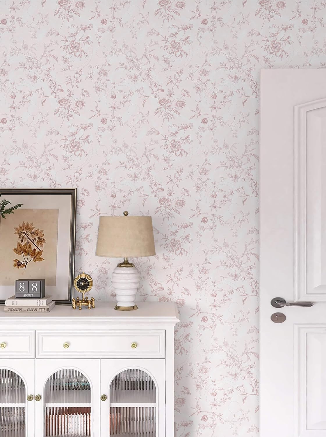 Peel and Stick Wallpaper Floral Pink Stick on Wall Paper Vintage French Contact Paper for Cabinet Textured Removable Self Adhesive Wallpaper Vinyl Roll Shelf Deco, 17.3x78.7in