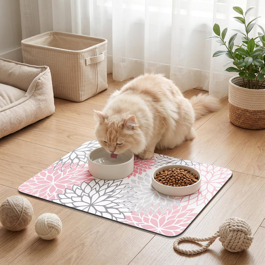 Dish Drying Mat, 12" x 20" Super Absorbent Dish Mat with Floral, Hide Stain Drying Mat for Kitchen Counter, Under Dish Rack, Coffee Maker, Espresso Machine, Pink