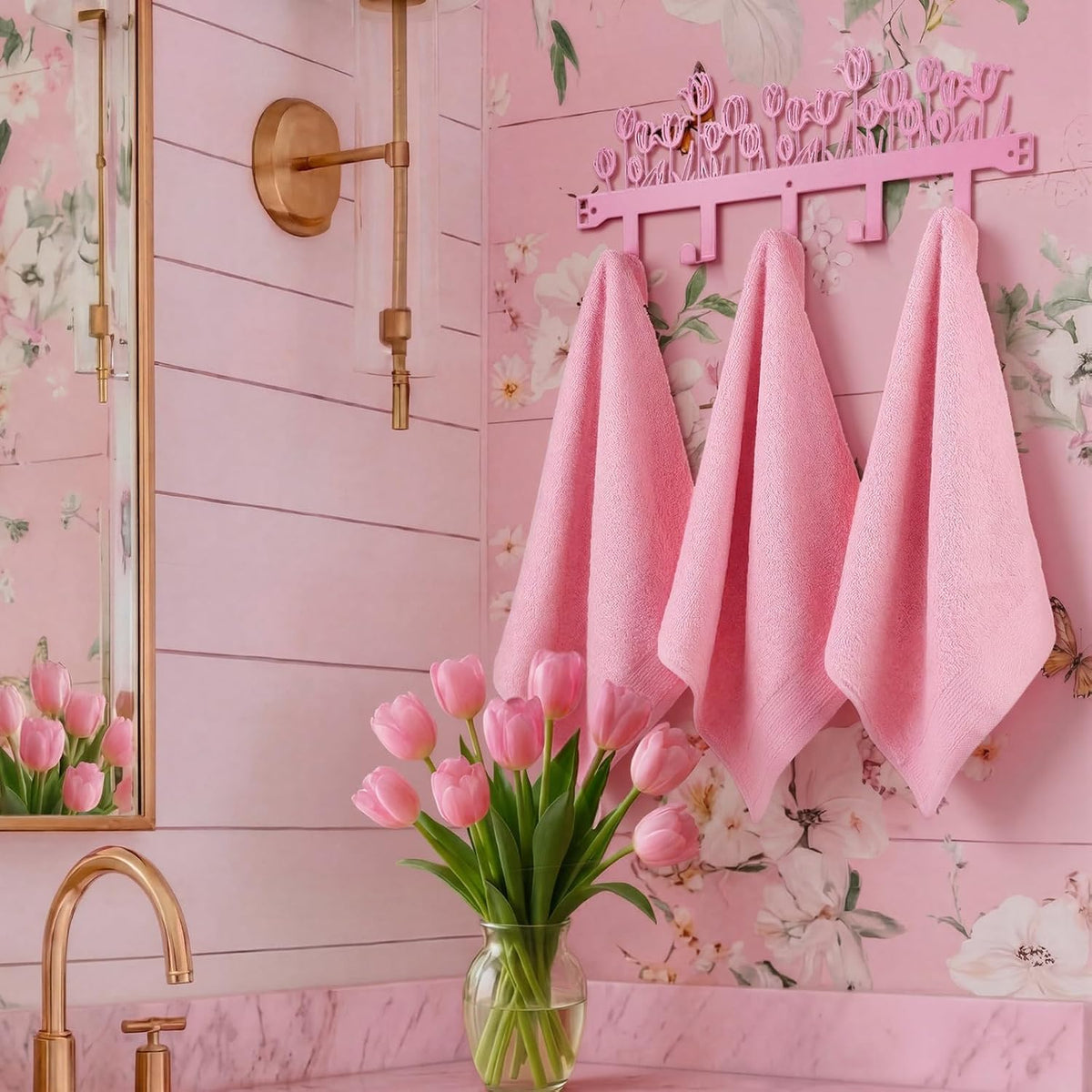 Pink Tulip Over The Door Hooks Wall Mount Towel Hanger Cute Door Holder Rack with 5 Hooks Hanging Towel, Coat Keys, Bags, Hats, Clothes for Bedroom Bathroom Kitchen Dorm Room Organizer