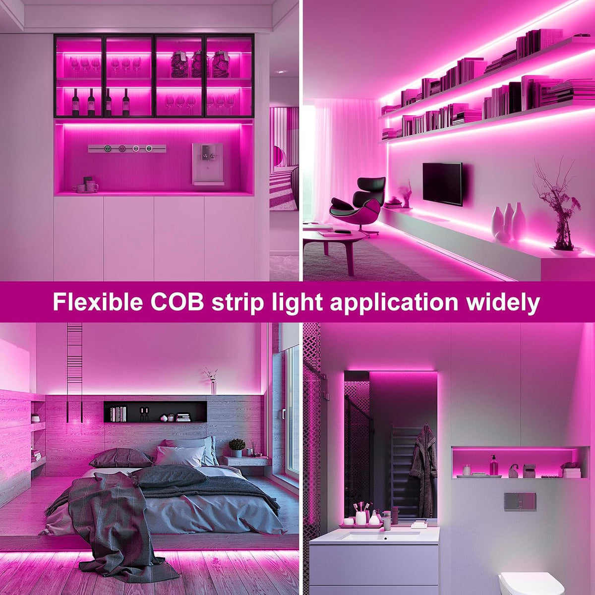OMIKA Pink 6.56FT COB LED Strip Lights Battery Powered, Natural White Light Strip with Remote Control Dimmable Flexible Cuttable Tape Lights for Cabinet Shelves Bedroom (2 Pack)