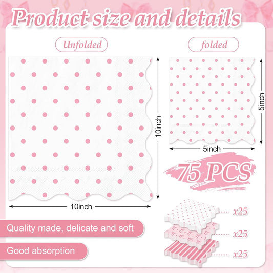 FYSUIMU 75 Pcs Pink Bow Scalloped Paper Napkins Coquette Bow Striped Dots Disposable Napkins Preppy Trendy Cocktail Beverage Napkin for Birthday Baby Shower Party Table Supplies