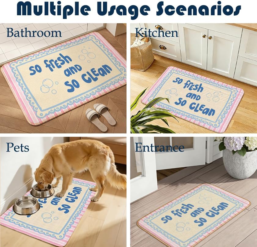 Chicimln Preppy Bathroom Decor Mat, Pink and Blue Striped Non-Slip Linen Doormat Outdoor Indoor Entrance, So Fresh and So Clean Welcome Mats Rugs for Girls Bathroom Washroom, 17x30 Inch