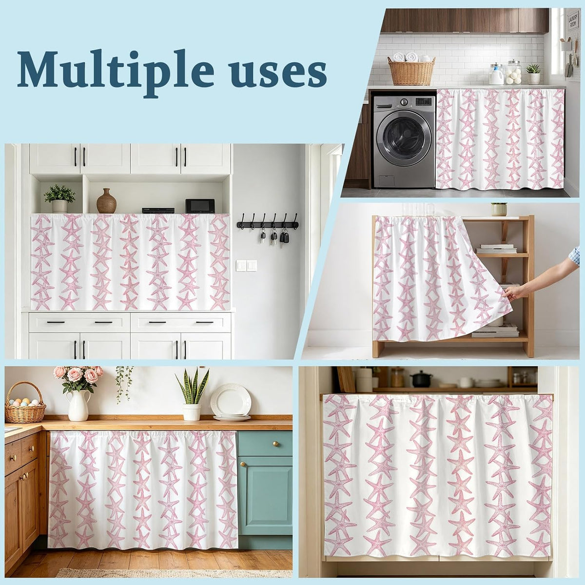 Light Pink Starfish Coastal Small Sink Skirt, Bathroom Vanity Cabinet Adhesive Curtain, Nautical Summer Ocean Modern Utility Under Sink Cover Decorative Kitchen Cabinet Curtains 10"x11"